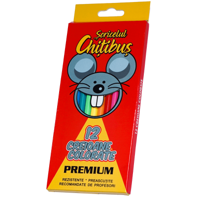 Creioane colorate 12 buc preascutite Premium, Soricelul Chitibus